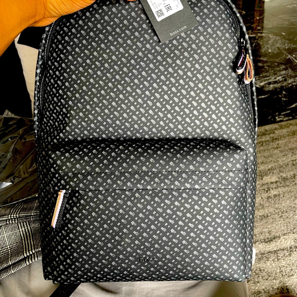 Boss Vegan (faux) leather monogrammed backpack.